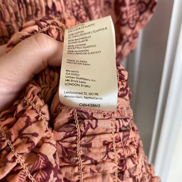 FREE PEOPLE Smock it to Me Mini Dress Apricot Ruffle Peasant Boho Size Large - Picture 8 of 10